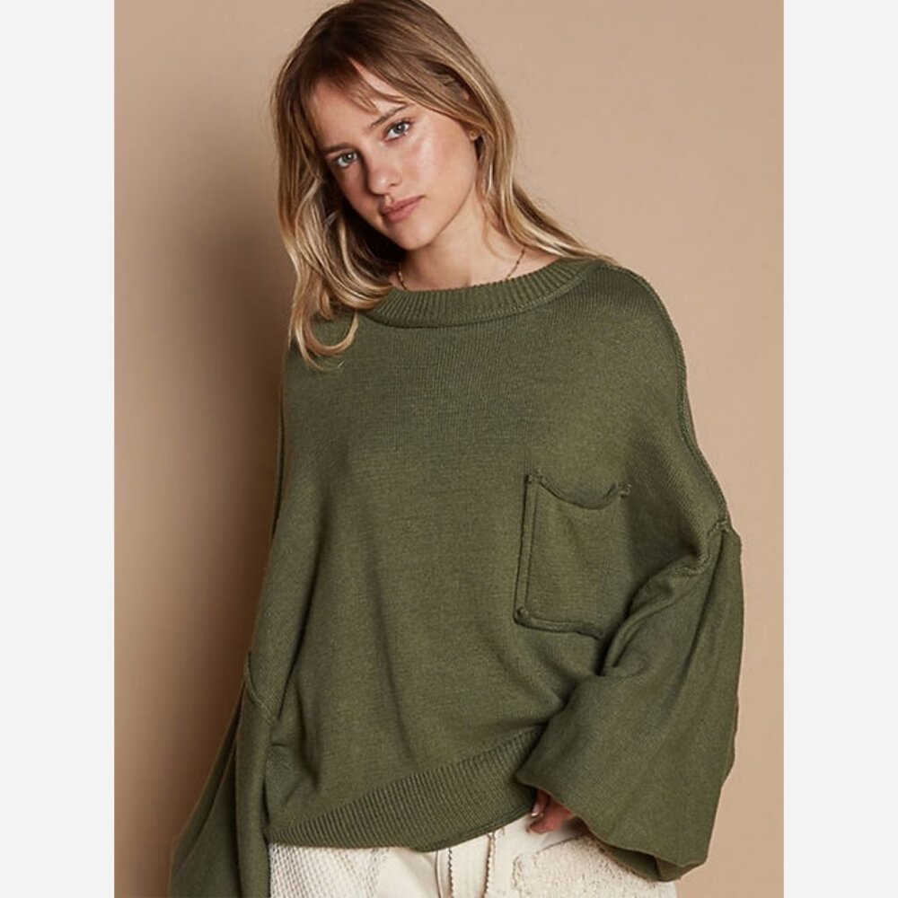 Green Bell Sleeve Sweater – Oversized Fit, Cozy Knit